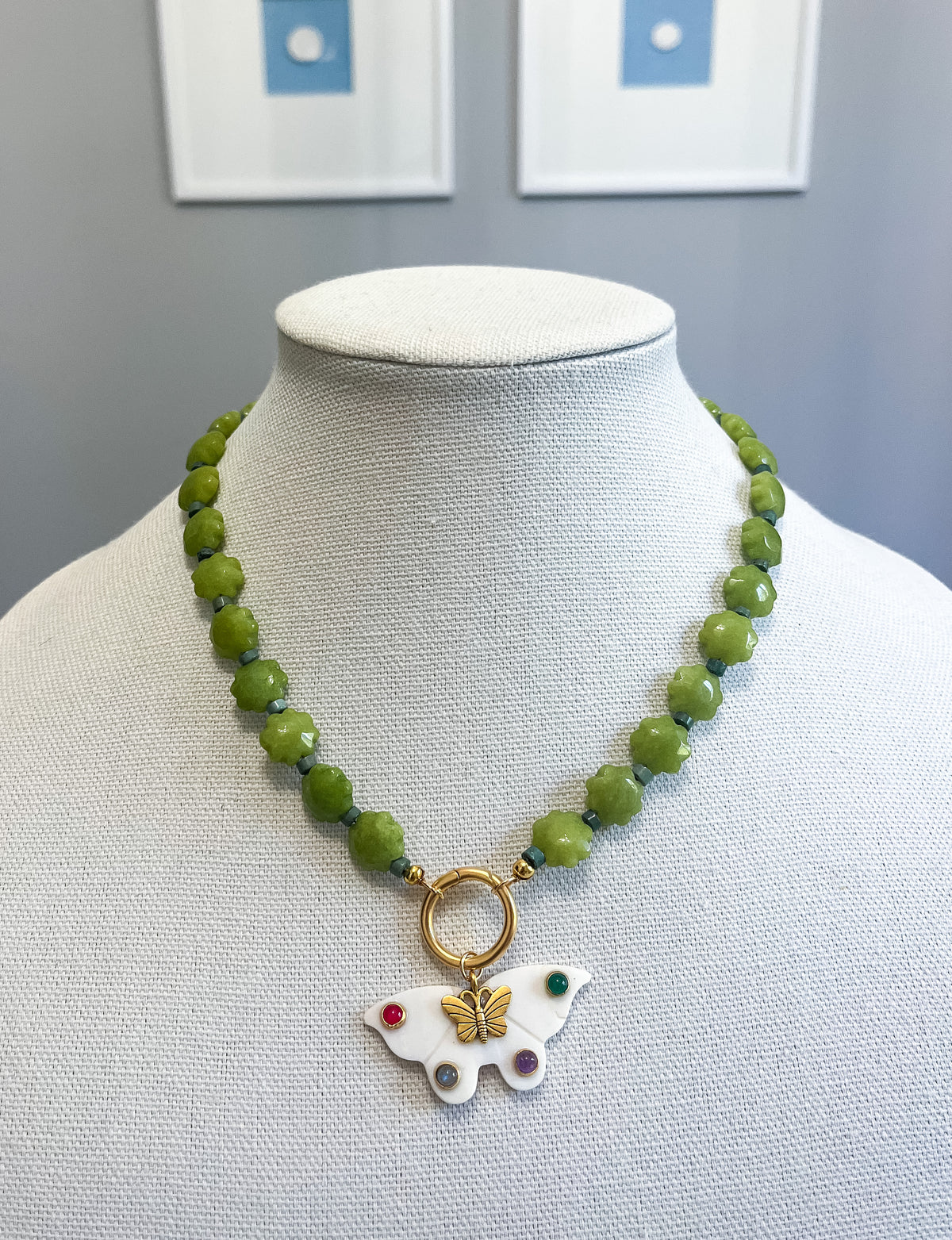Green floral butterfly necklace